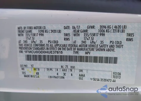 2017 Ford Escape Se from USA, damaged, VIN 1FMCU0GD0HUE37815